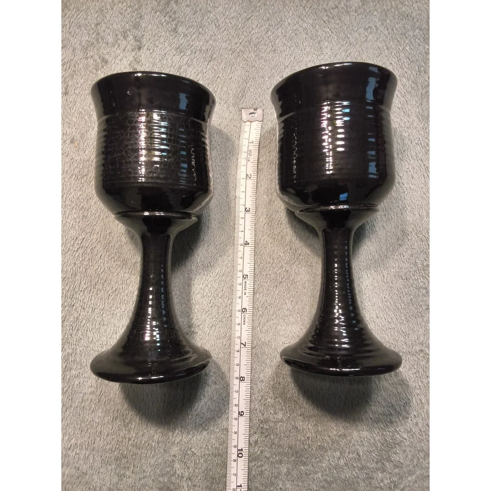 Vintage Black Ceramic Chalice Goblet Set of 2 Glossy Pottery Gothic Ritual Decor